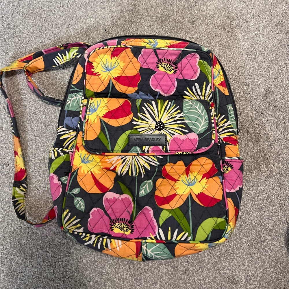 Vera Bradley Floral Quilted Backpack in Black, Pink, Orange, Yellow, Green